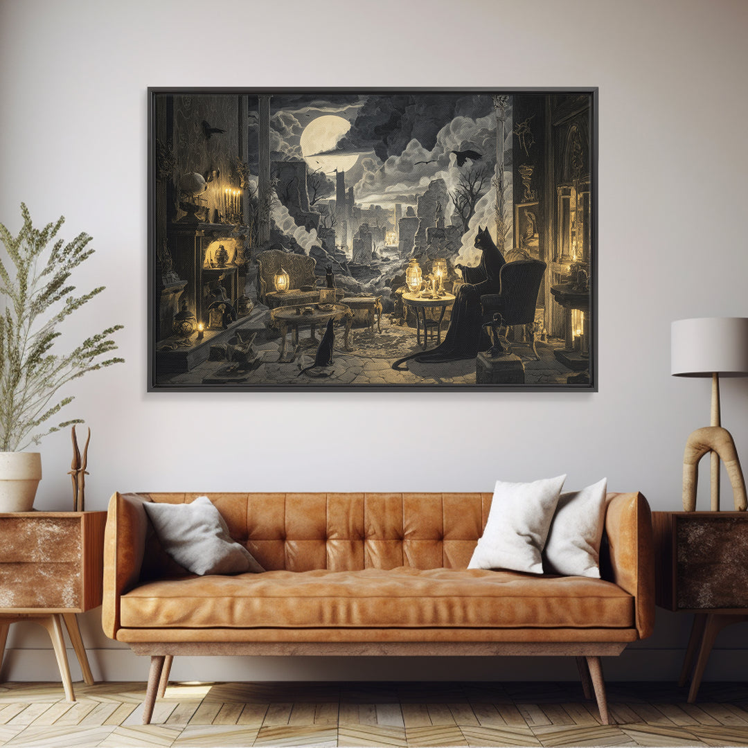 The Witch'S Cat Cafe, Romantic Gothic Landscape, Landscape Wall Art, Dark Halloween Decor, Framed Canvas Print, Halloween Wall Art