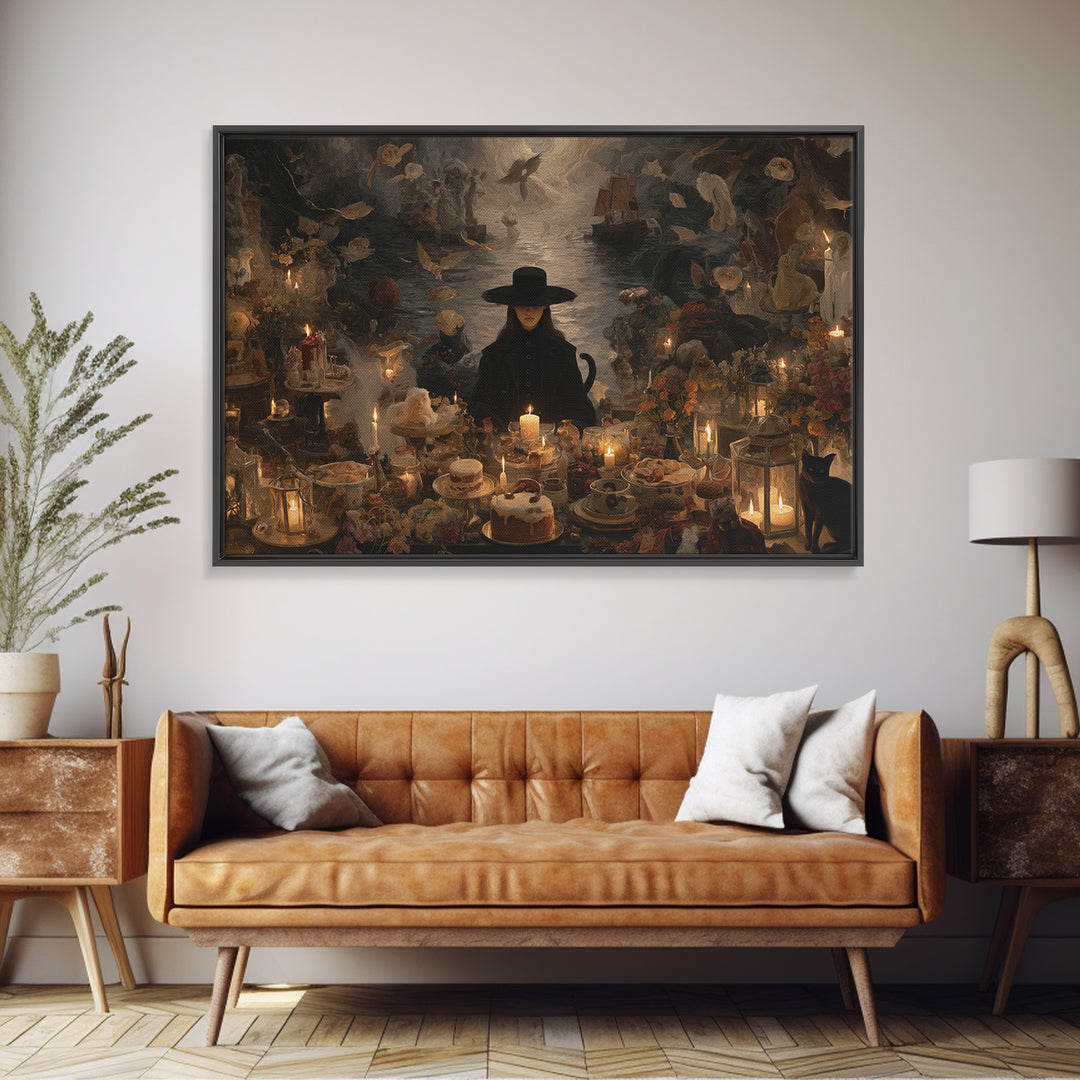 The Witch'S Cat Cafe, Symbolist Gothic Landscape, Landscape Wall Art, Gothic Horror Wall Art, Canvas Print, Halloween Wall Art