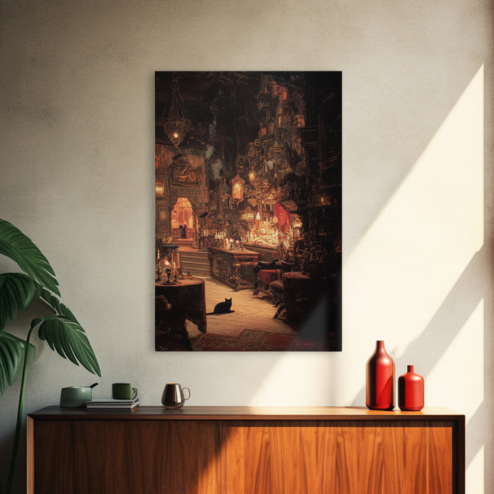 The Witch'S Cat Cafe, Ornate Symbolist Art, Vertical Wall Art, Macabre Wall Art, Framed Canvas Print, Halloween Wall Art