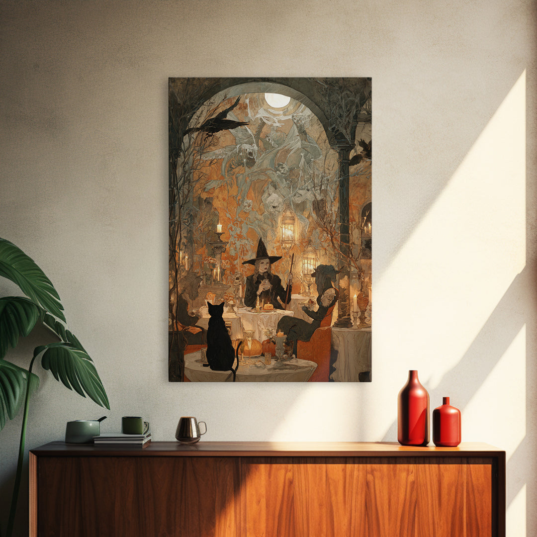The Witch'S Cat Cafe, Decadent Gothic Art, Vertical Wall Art, Gothic Horror Wall Art, Framed Canvas Print, Halloween Wall Art