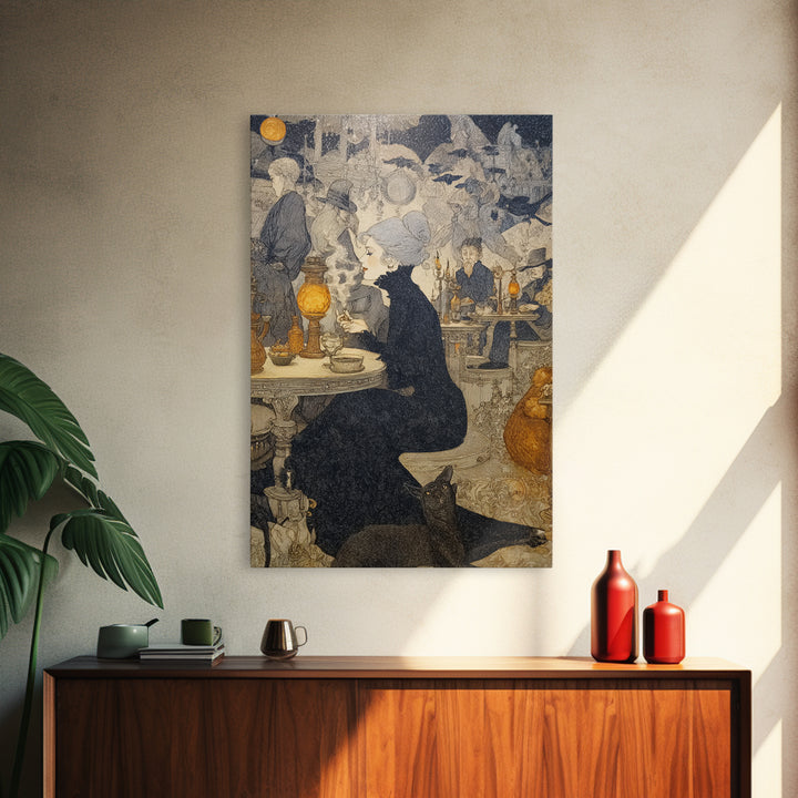 The Witch'S Cat Cafe, Symbolist Death Art, Vertical Wall Art, Gothic Horror Wall Art, Canvas Print, Halloween Wall Art
