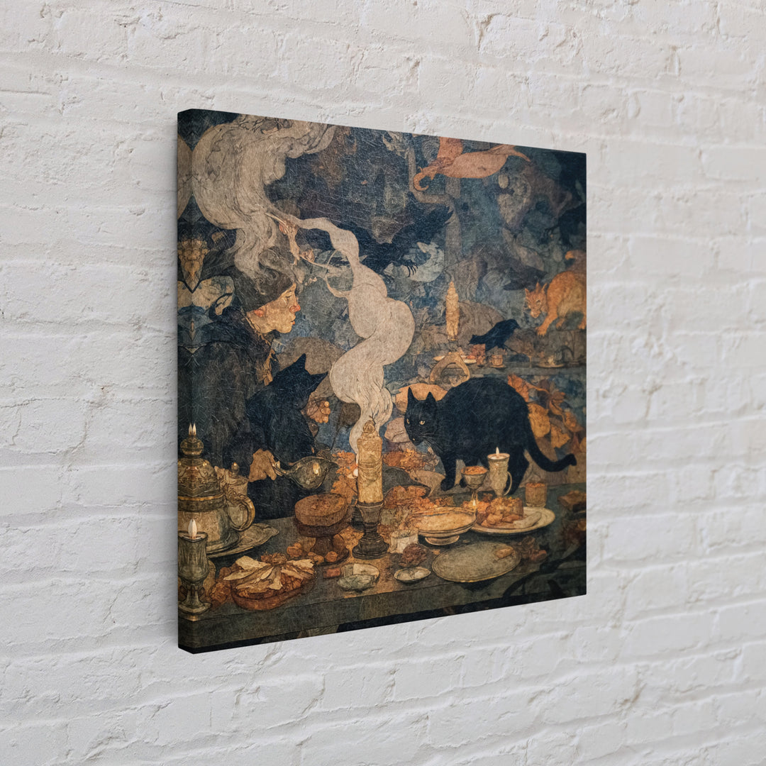The Witch'S Cat Cafe, Dark Symbolist Art, Square Wall Art, Dark Halloween Decor, Framed Canvas Print, Halloween Wall Art