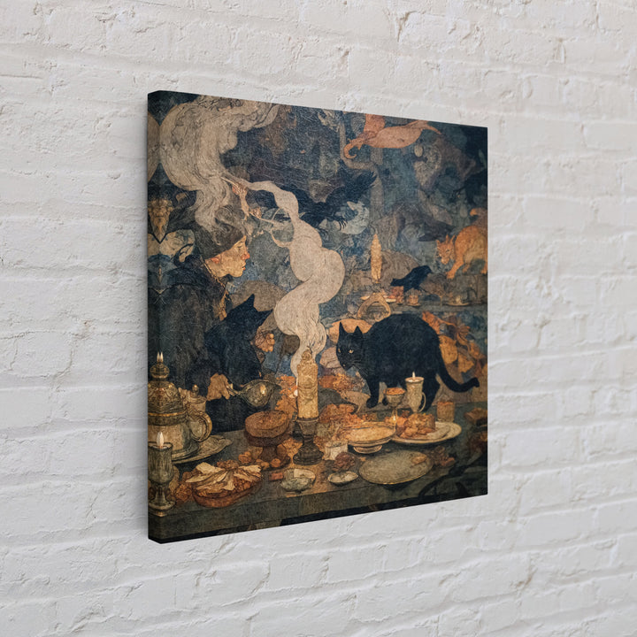 The Witch'S Cat Cafe, Dark Symbolist Art, Square Wall Art, Dark Halloween Decor, Framed Canvas Print, Halloween Wall Art