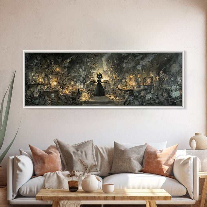 The Witch'S Cat Cafe, Expressionist Nightmare Art, Extra Wide Wall Art, Dark Halloween Decor, Canvas Print, Halloween Wall Art