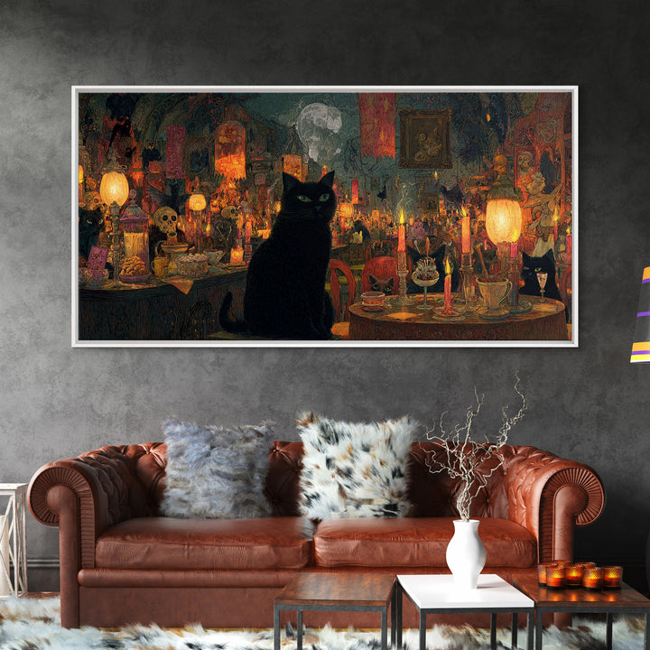 The Witch'S Cat Cafe, Grotesque Carnival Art, Wide Panoramic Art, Dark Halloween Decor, Framed Canvas Print, Halloween Wall Art
