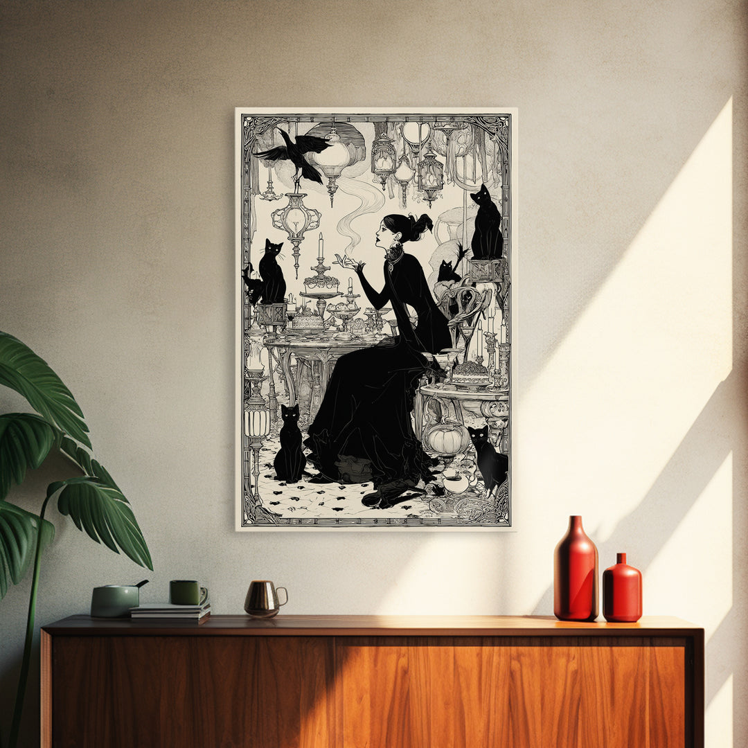 The Witch'S Cat Cafe, Decadent Line Art, Vertical Wall Art, Gothic Horror Wall Art, Framed Canvas Print, Halloween Wall Art