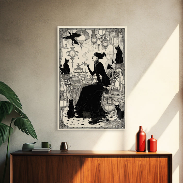 The Witch'S Cat Cafe, Decadent Line Art, Vertical Wall Art, Gothic Horror Wall Art, Framed Canvas Print, Halloween Wall Art