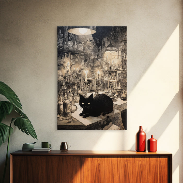 The Witch'S Cat Cafe, Victorian Macabre Art, Vertical Wall Art, Macabre Wall Art, Framed Canvas Print, Halloween Wall Art