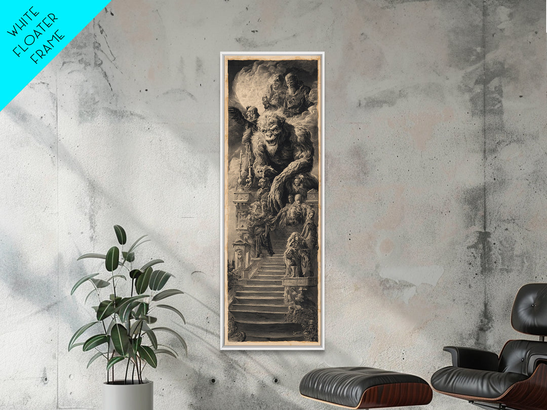 The Monster Family Portrait, Architectural Etching Art, Tall Narrow Wall Art, Dark Halloween Decor, Framed Canvas Print