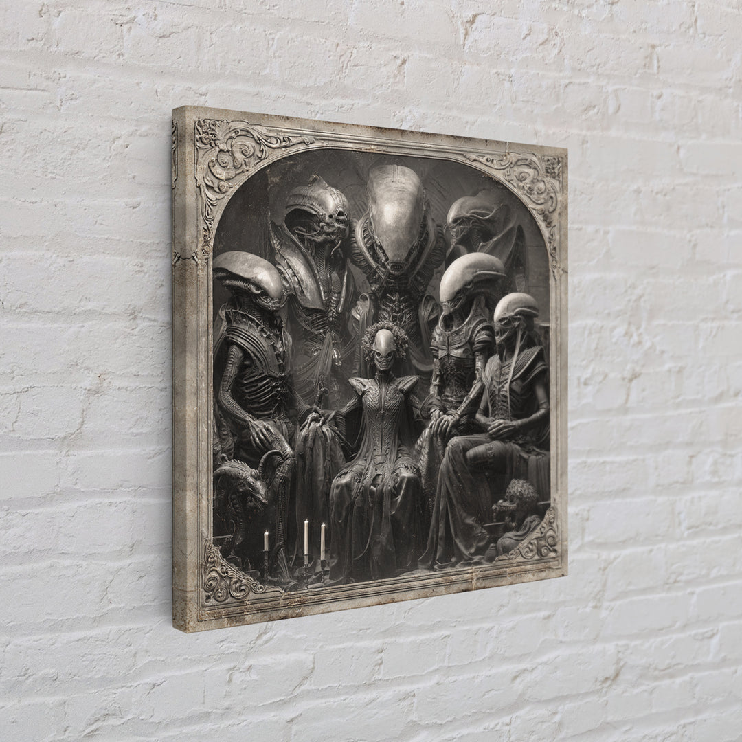 The Monster Family Portrait, Biomechanical Horror Art, Square Wall Art, Macabre Wall Art, Framed Canvas Print, Halloween Wall Art