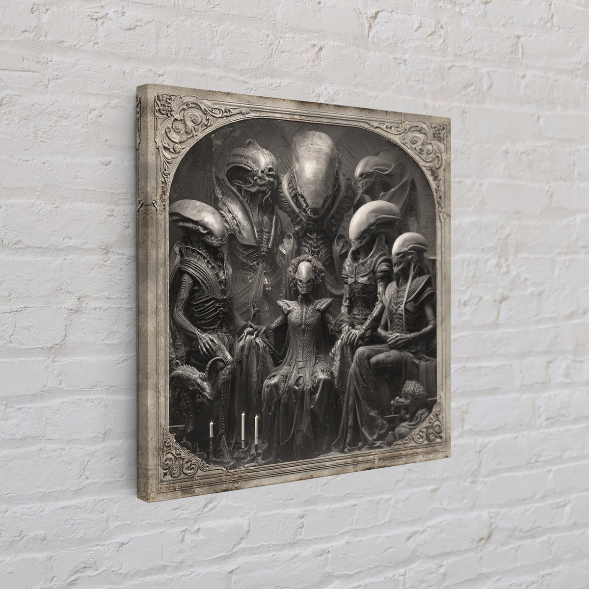 The Monster Family Portrait, Biomechanical Horror Art, Square Wall Art, Macabre Wall Art, Framed Canvas Print, Halloween Wall Art
