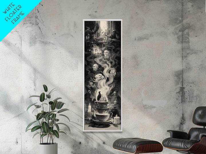 Tiny Ghosts In Teacups, Gothic Engraving Art, Tall Narrow Wall Art, Dark Fantasy Wall Art, Framed Canvas Print, Halloween Wall Art