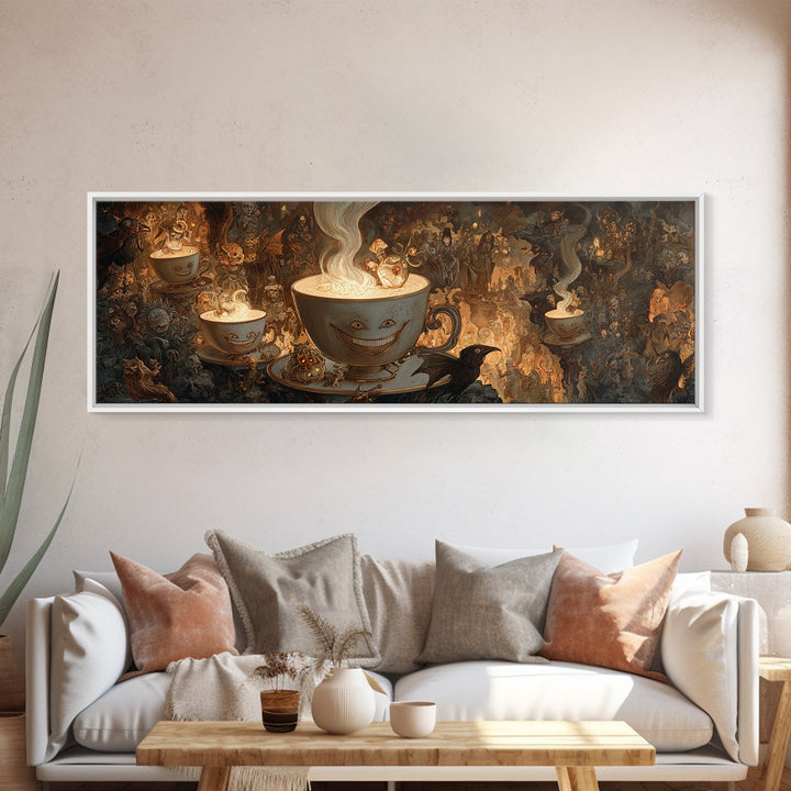 Tiny Ghosts In Teacups, Medieval Grotesque Art, Extra Wide Wall Art, Dark Halloween Decor, Framed Canvas Print, Halloween Wall Art
