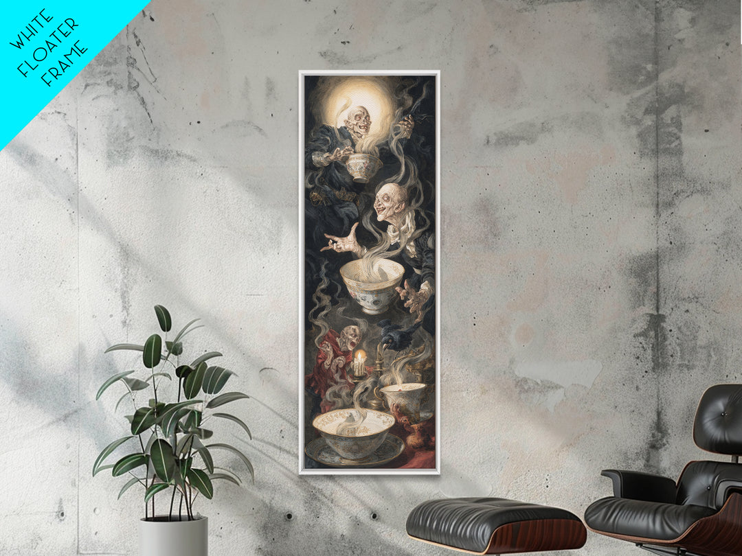 Tiny Ghosts In Teacups, Dark Renaissance Art, Tall Narrow Wall Art, Dark Halloween Decor, Framed Canvas Print, Halloween Wall Art