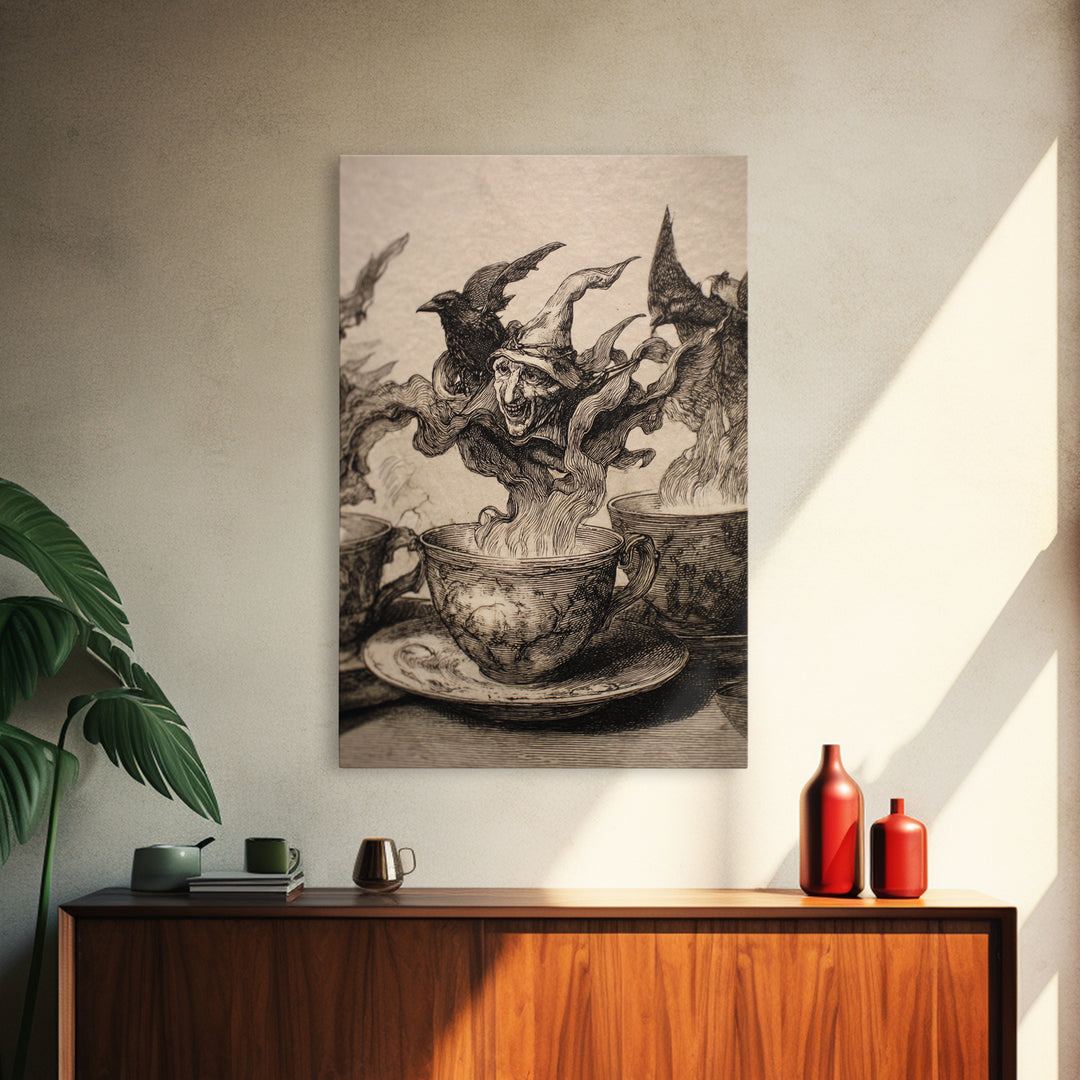 Tiny Ghosts In Teacups, Renaissance Engraving Art, Vertical Wall Art, Dark Fantasy Wall Art, Canvas Print, Halloween Wall Art