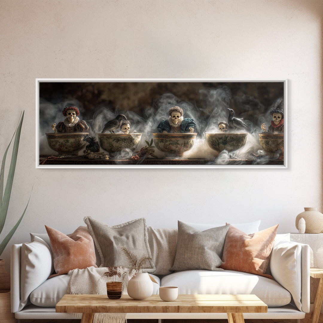 Tiny Ghosts In Teacups, Danse Macabre Art, Extra Wide Wall Art, Dark Fantasy Wall Art, Framed Canvas Print