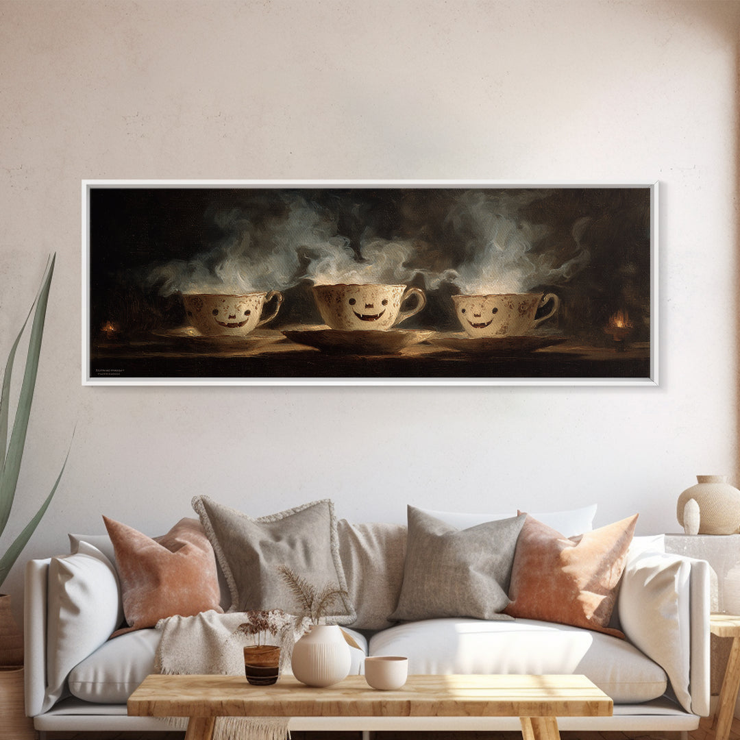 Tiny Ghosts In Teacups, Dark Romantic Horror Art, Extra Wide Wall Art, Macabre Wall Art, Canvas Print, Halloween Wall Art