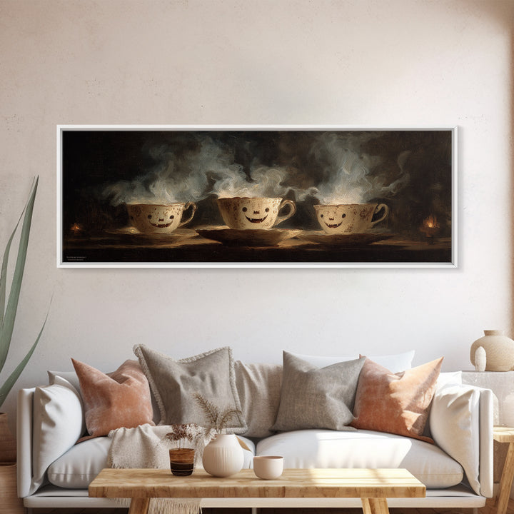 Tiny Ghosts In Teacups, Dark Romantic Horror Art, Extra Wide Wall Art, Macabre Wall Art, Canvas Print, Halloween Wall Art