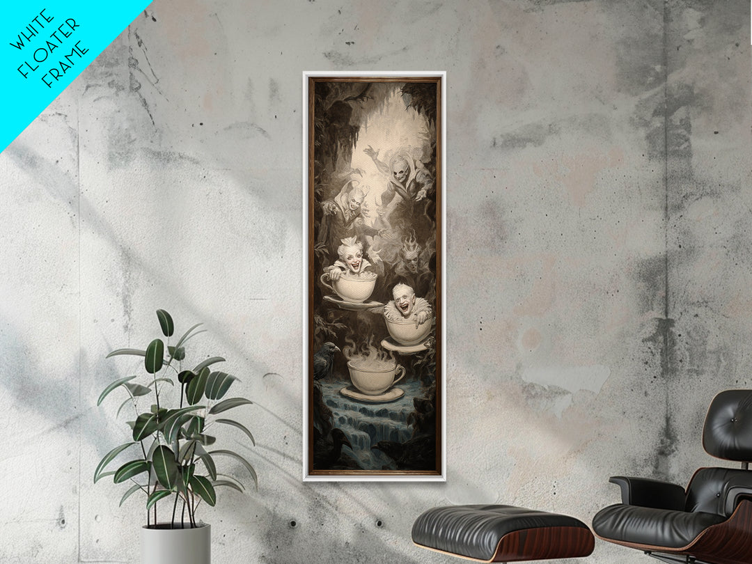Tiny Ghosts In Teacups, Gothic Nightmare Art, Tall Narrow Wall Art, Macabre Wall Art, Framed Canvas Print, Halloween Wall Art