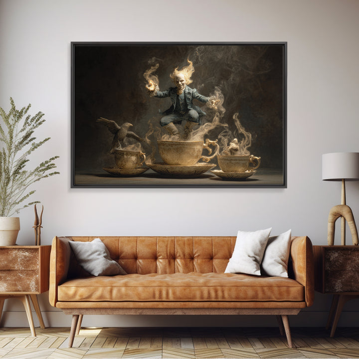 Tiny Ghosts In Teacups, Visionary Gothic Art, Landscape Wall Art, Dark Halloween Decor, Framed Canvas Print, Halloween Wall Art