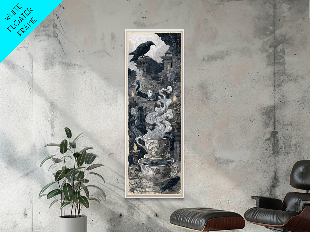 Tiny Ghosts In Teacups, Architectural Etching Art, Tall Narrow Wall Art, Dark Fantasy Wall Art, Framed Canvas Print