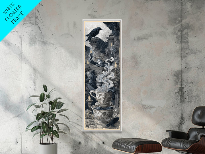 Tiny Ghosts In Teacups, Architectural Etching Art, Tall Narrow Wall Art, Dark Fantasy Wall Art, Framed Canvas Print