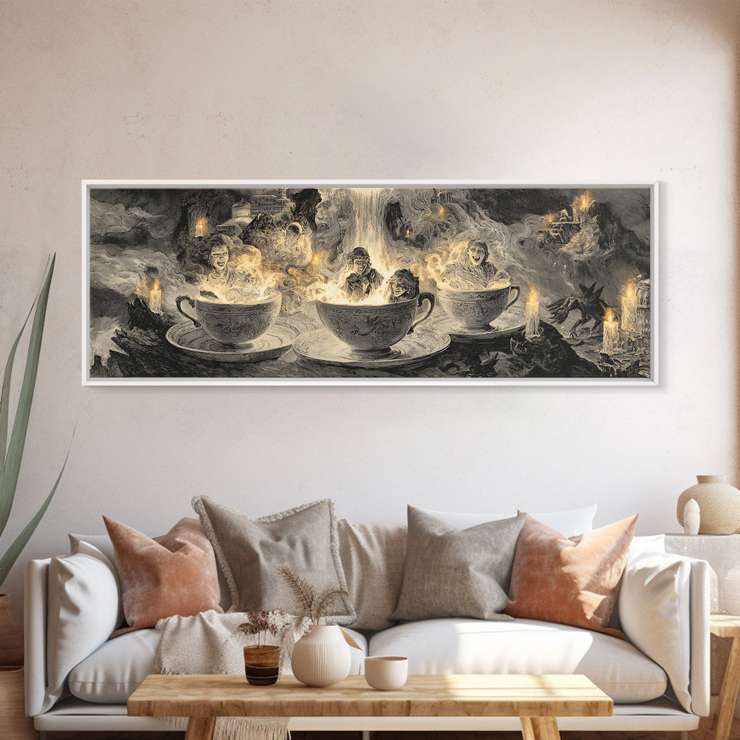 Tiny Ghosts In Teacups, Apocalyptic Romantic Art, Extra Wide Wall Art, Macabre Wall Art, Canvas Print, Halloween Wall Art, Dark Fantasy Art