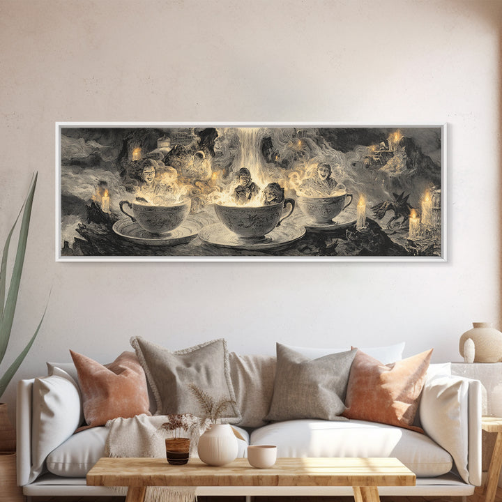 Tiny Ghosts In Teacups, Apocalyptic Romantic Art, Extra Wide Wall Art, Macabre Wall Art, Canvas Print, Halloween Wall Art, Dark Fantasy Art