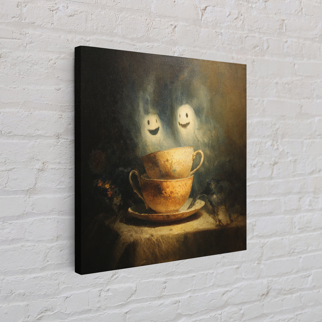 Tiny Ghosts In Teacups, Symbolist Dream Art, Square Wall Art, Dark Halloween Decor, Canvas Print, Halloween Wall Art