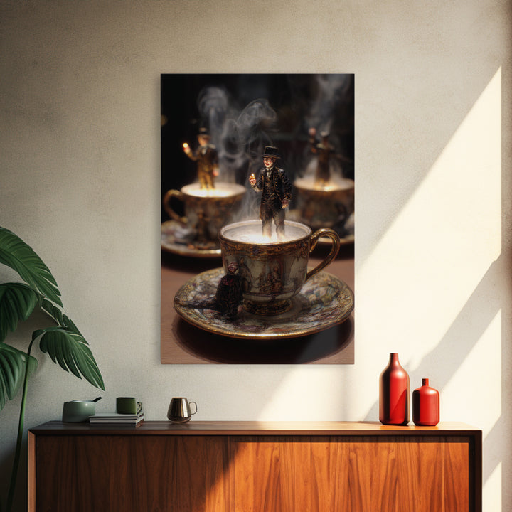 Tiny Ghosts In Teacups, Ornate Symbolist Art, Vertical Wall Art, Dark Fantasy Wall Art, Framed Canvas Print, Halloween Wall Art