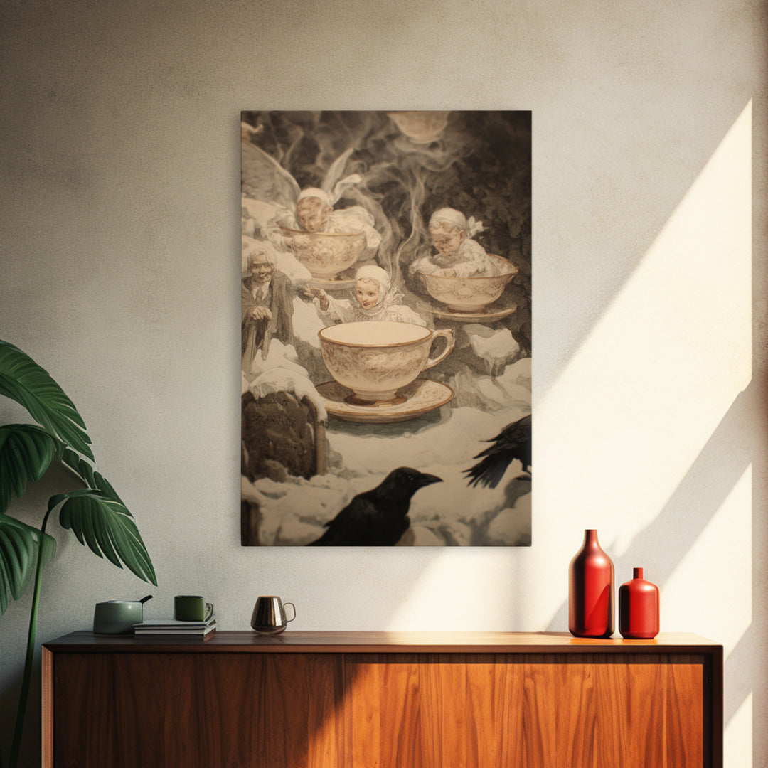 Tiny Ghosts In Teacups, Symbolist Death Art, Vertical Wall Art, Dark Fantasy Wall Art, Canvas Print, Halloween Wall Art