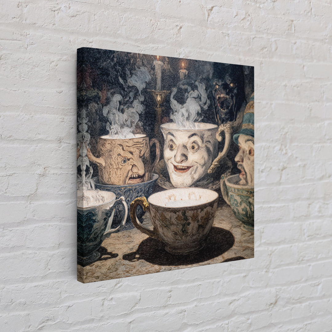 Tiny Ghosts In Teacups, Symbolist Etching Art, Square Wall Art, Dark Fantasy Wall Art, Framed Canvas Print, Halloween Wall Art