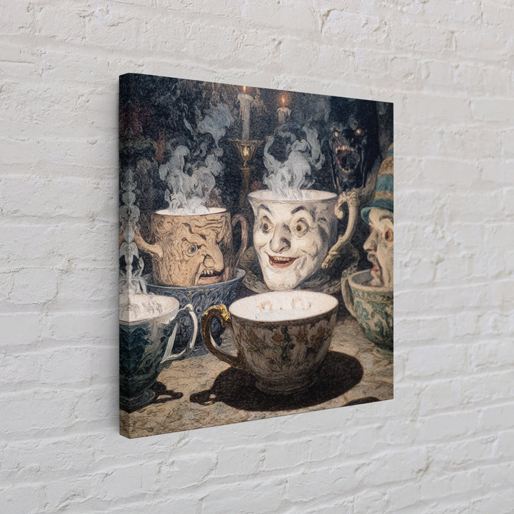 Tiny Ghosts In Teacups, Symbolist Etching Art, Square Wall Art, Dark Fantasy Wall Art, Framed Canvas Print, Halloween Wall Art