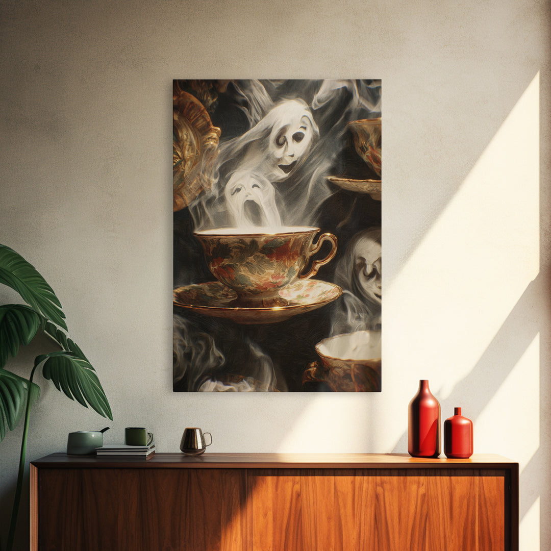 Tiny Ghosts In Teacups, Expressionist Gothic Art, Vertical Wall Art, Dark Fantasy Wall Art, Framed Canvas Print, Halloween Wall Art