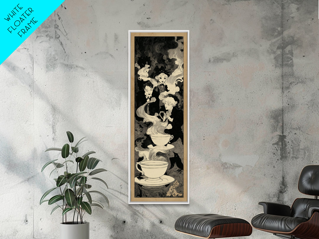 Tiny Ghosts In Teacups, Decadent Line Art, Tall Narrow Wall Art, Macabre Wall Art, Framed Canvas Print, Halloween Wall Art
