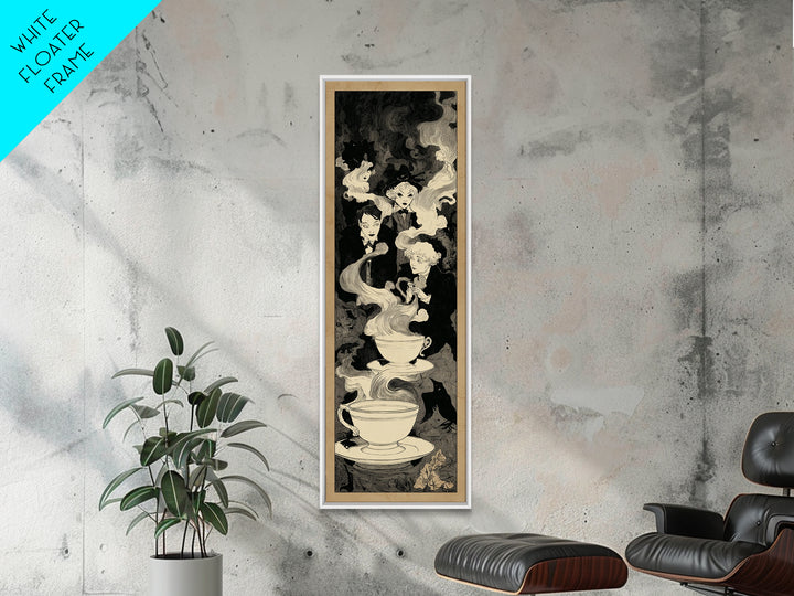 Tiny Ghosts In Teacups, Decadent Line Art, Tall Narrow Wall Art, Macabre Wall Art, Framed Canvas Print, Halloween Wall Art