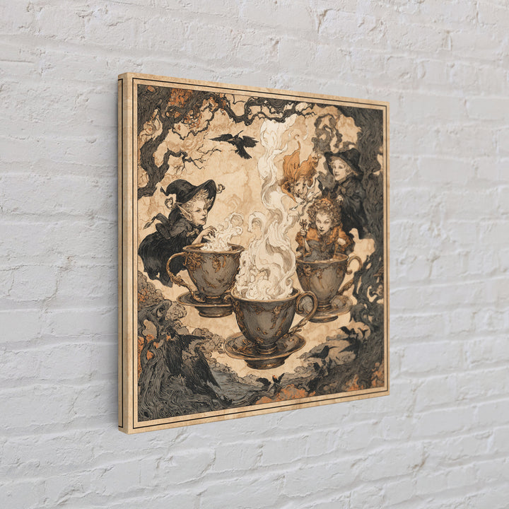 Tiny Ghosts In Teacups, Gothic Storybook Art, Square Wall Art, Macabre Wall Art, Framed Canvas Print, Halloween Wall Art
