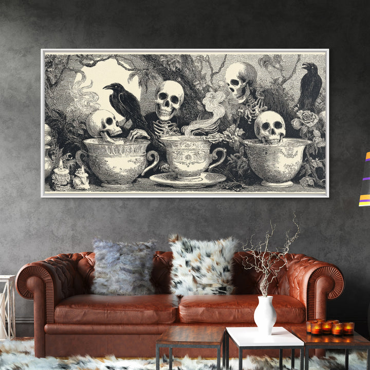 Tiny Ghosts In Teacups, Macabre Folk Print Art, Wide Panoramic Art, Macabre Wall Art, Canvas Print, Halloween Wall Art