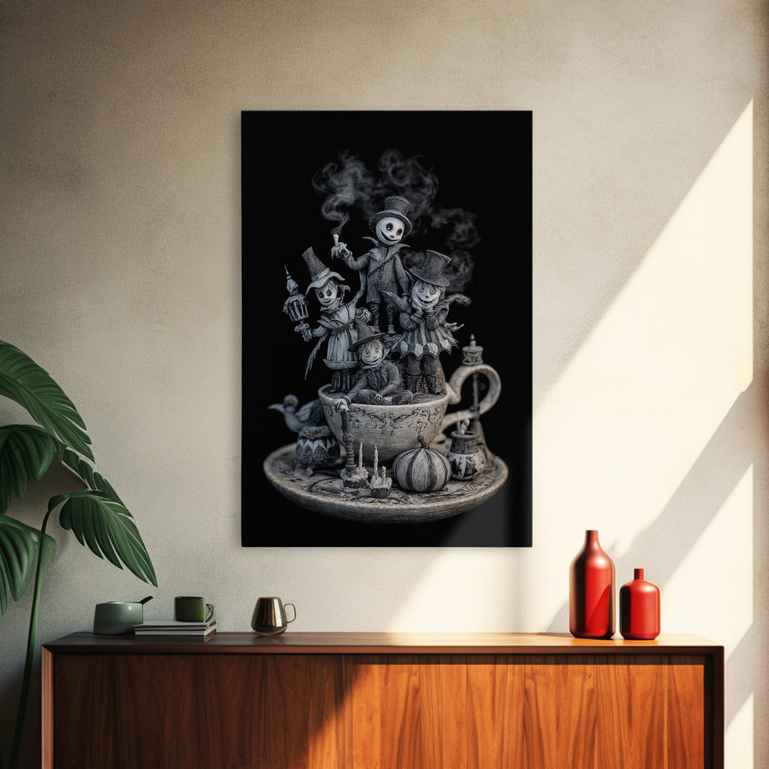 Tiny Ghosts In Teacups, Victorian Macabre Art, Vertical Wall Art, Macabre Wall Art, Canvas Print, Halloween Wall Art, Gothic Home Decor