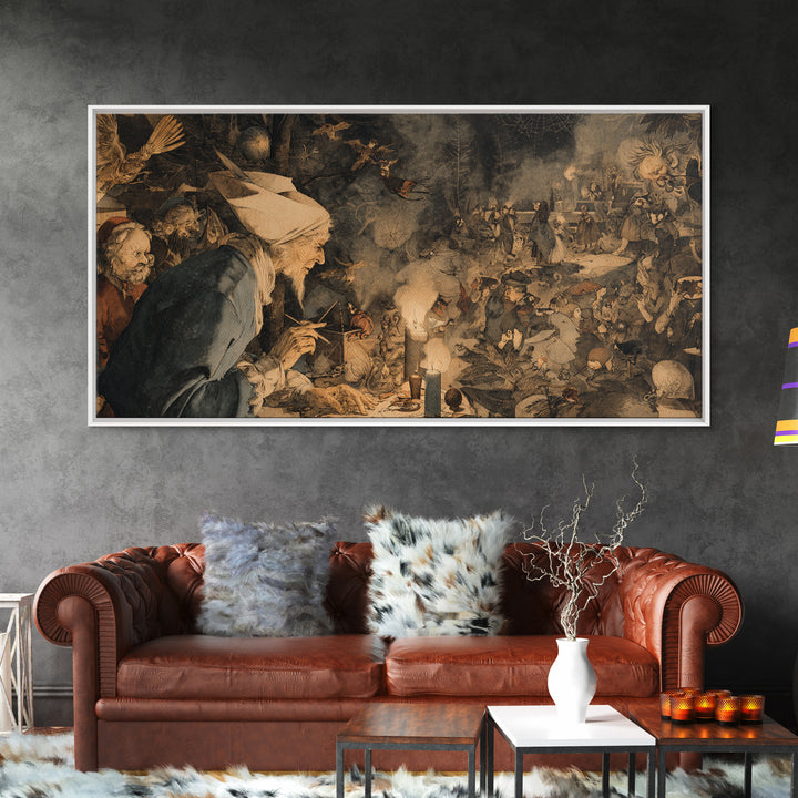 The Spider Sewing Circle, Northern Renaissance Horror, Wide Panoramic Art, Gothic Horror Wall Art, Framed Canvas Print