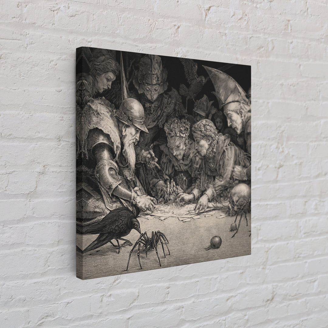 The Spider Sewing Circle, Renaissance Engraving Art, Square Wall Art, Macabre Wall Art, Framed Canvas Print, Halloween Wall Art