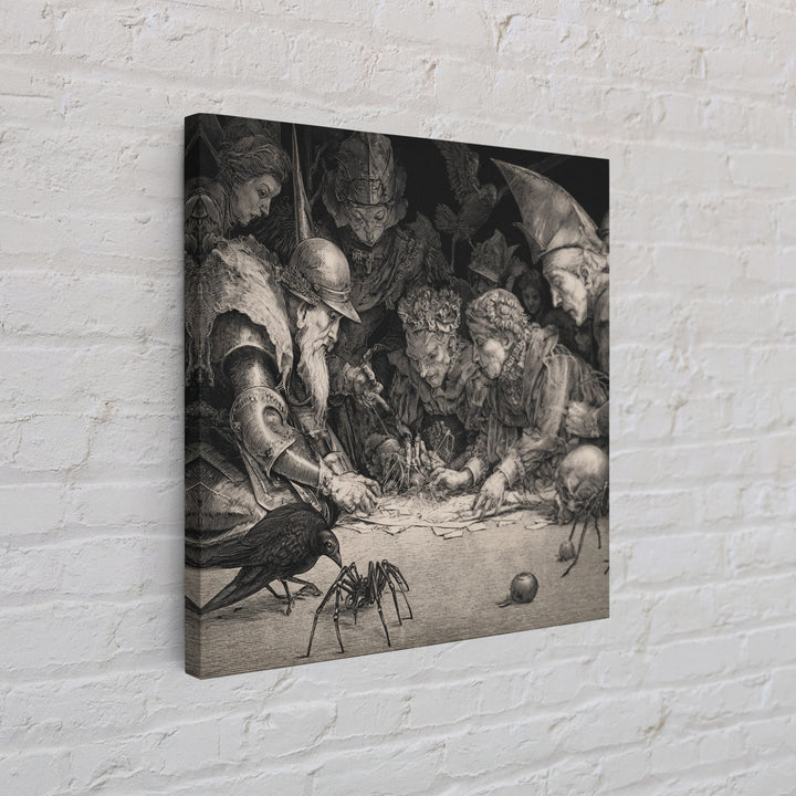 The Spider Sewing Circle, Renaissance Engraving Art, Square Wall Art, Macabre Wall Art, Framed Canvas Print, Halloween Wall Art