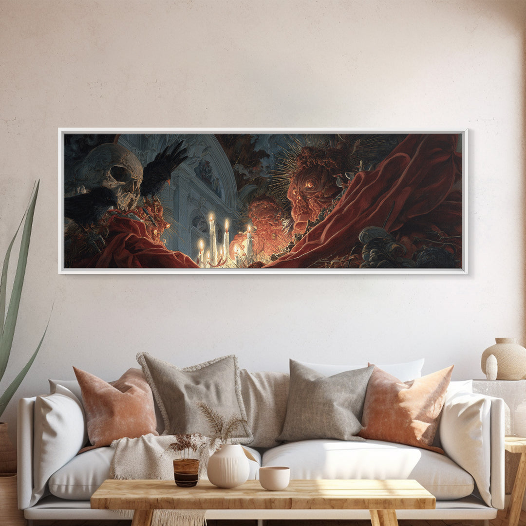 The Spider Sewing Circle, Apocalyptic Romantic Art, Extra Wide Wall Art, Macabre Wall Art, Canvas Print, Halloween Wall Art