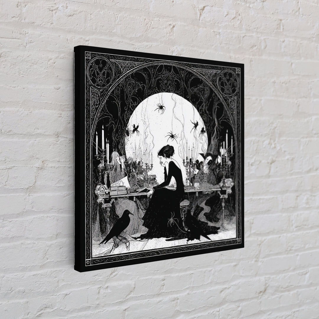 The Spider Sewing Circle, Decadent Line Art, Square Wall Art, Macabre Wall Art, Framed Canvas Print, Halloween Wall Art