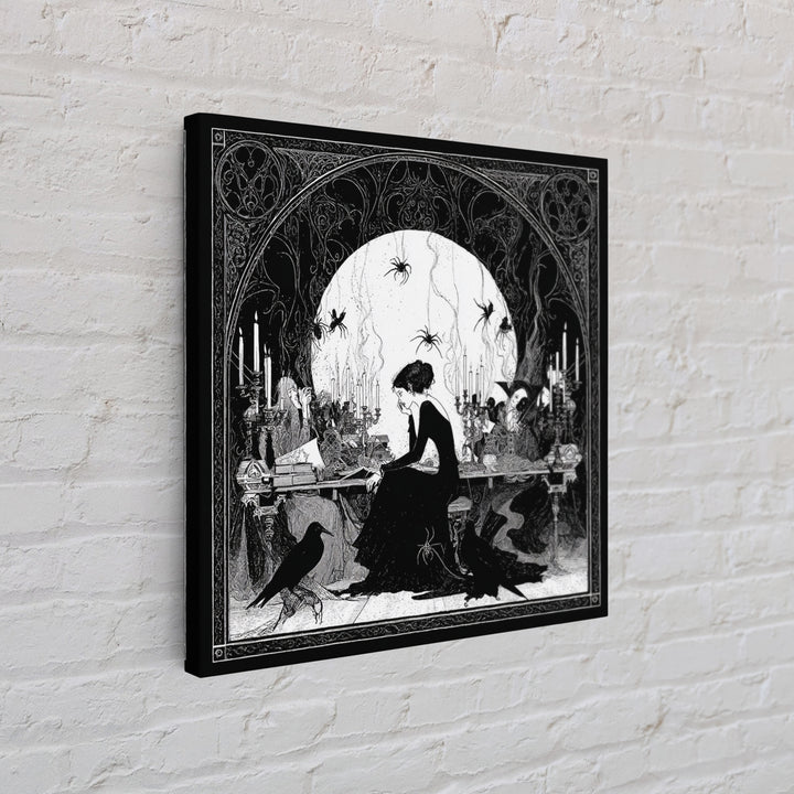 The Spider Sewing Circle, Decadent Line Art, Square Wall Art, Macabre Wall Art, Framed Canvas Print, Halloween Wall Art