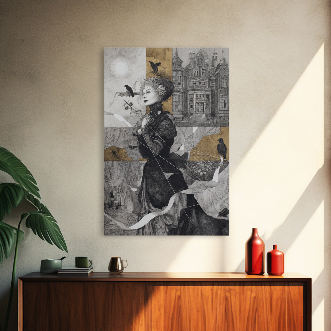 The Spider Sewing Circle, Victorian Macabre Art, Vertical Wall Art, Macabre Wall Art, Framed Canvas Print, Halloween Wall Art