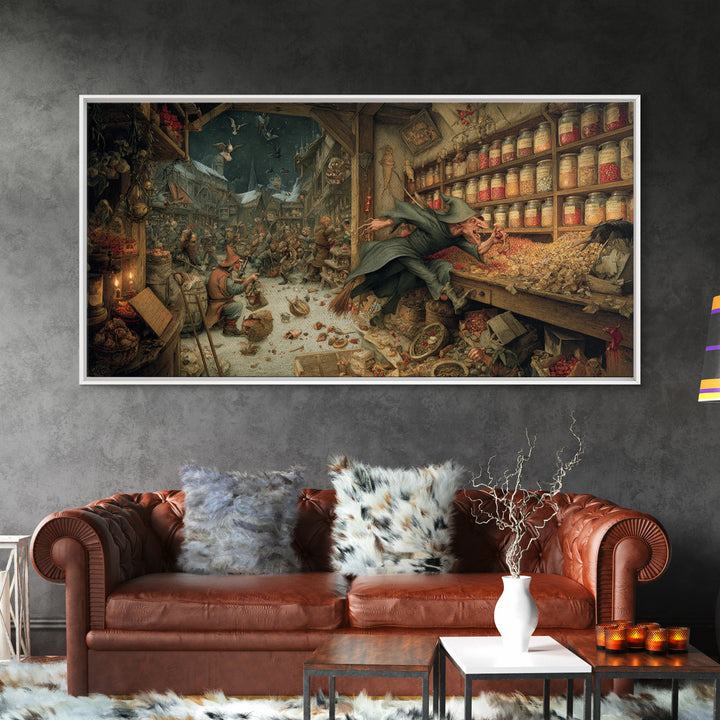 The Goblin Candy Shop, Northern Renaissance Horror, Wide Panoramic Art, Gothic Horror Wall Art, Framed Canvas Print