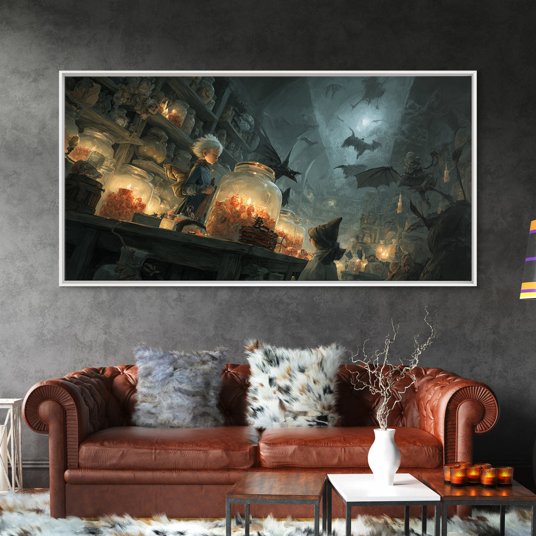 The Goblin Candy Shop, Visionary Gothic Art, Wide Panoramic Art, Dark Halloween Decor, Canvas Print, Halloween Wall Art