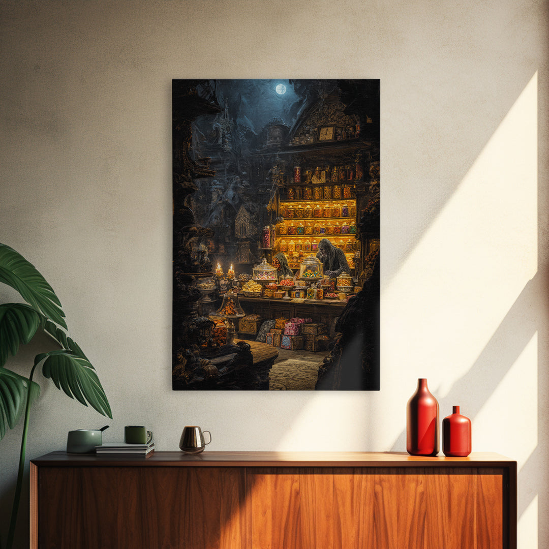 The Goblin Candy Shop, Ornate Symbolist Art, Vertical Wall Art, Macabre Wall Art, Canvas Print, Halloween Wall Art