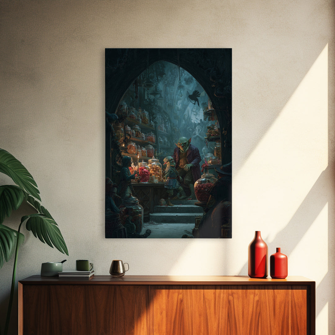 The Goblin Candy Shop, Dark Symbolist Art, Vertical Wall Art, Dark Halloween Decor, Canvas Print, Halloween Wall Art